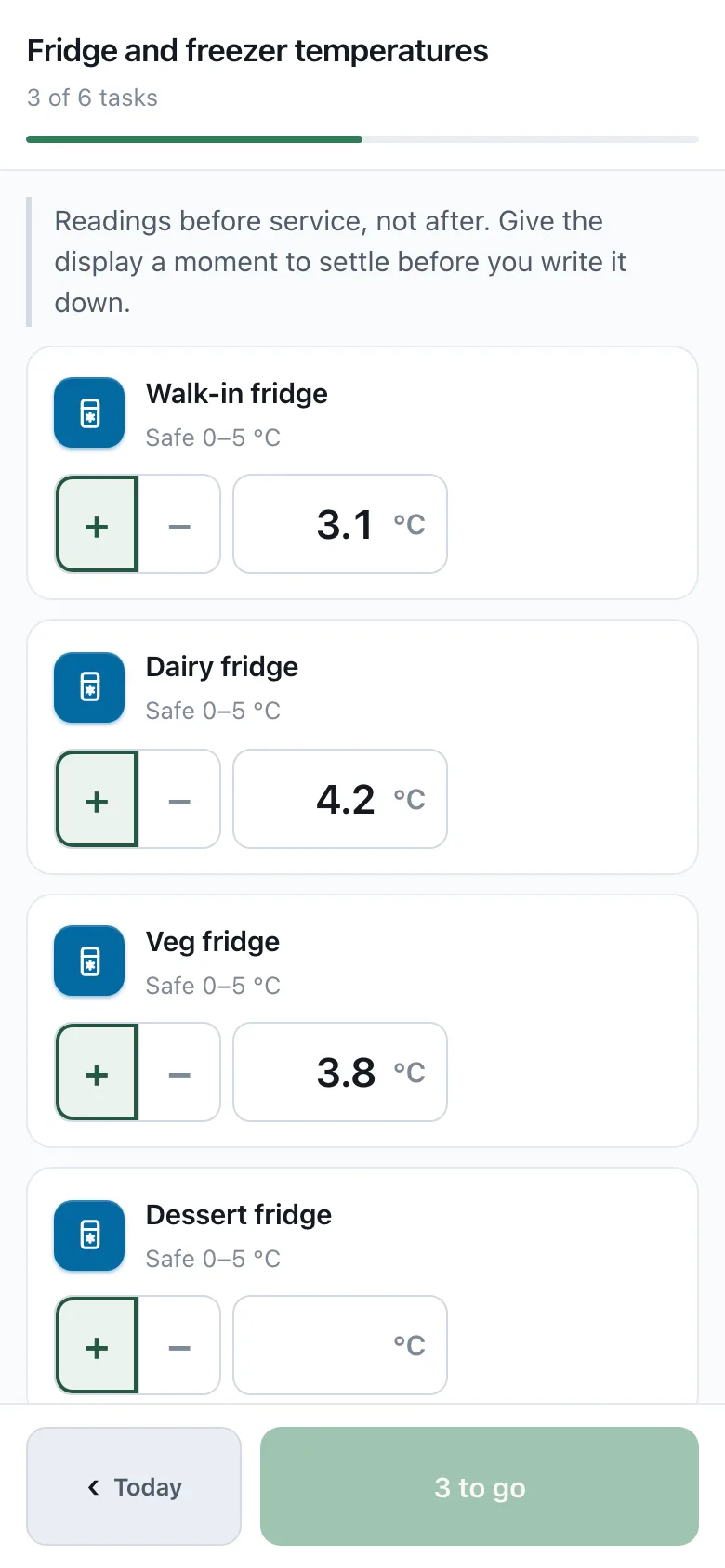 The fridge round part-way through on a phone: walk-in 3.1°C, dairy 4.2°C and veg 3.8°C entered against their safe ranges, with big plus and minus buttons, three of six tasks done