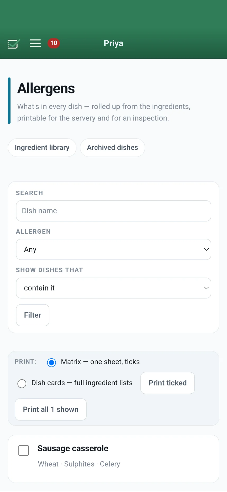 The allergens screen on a phone: search dishes by allergen, print a matrix or dish cards