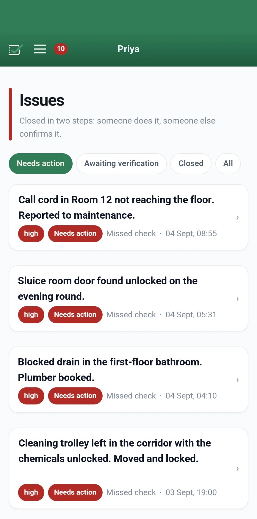 The issues screen on a phone, for housekeeping: a call cord out of reach, an unlocked sluice room, a blocked drain, an unattended cleaning trolley